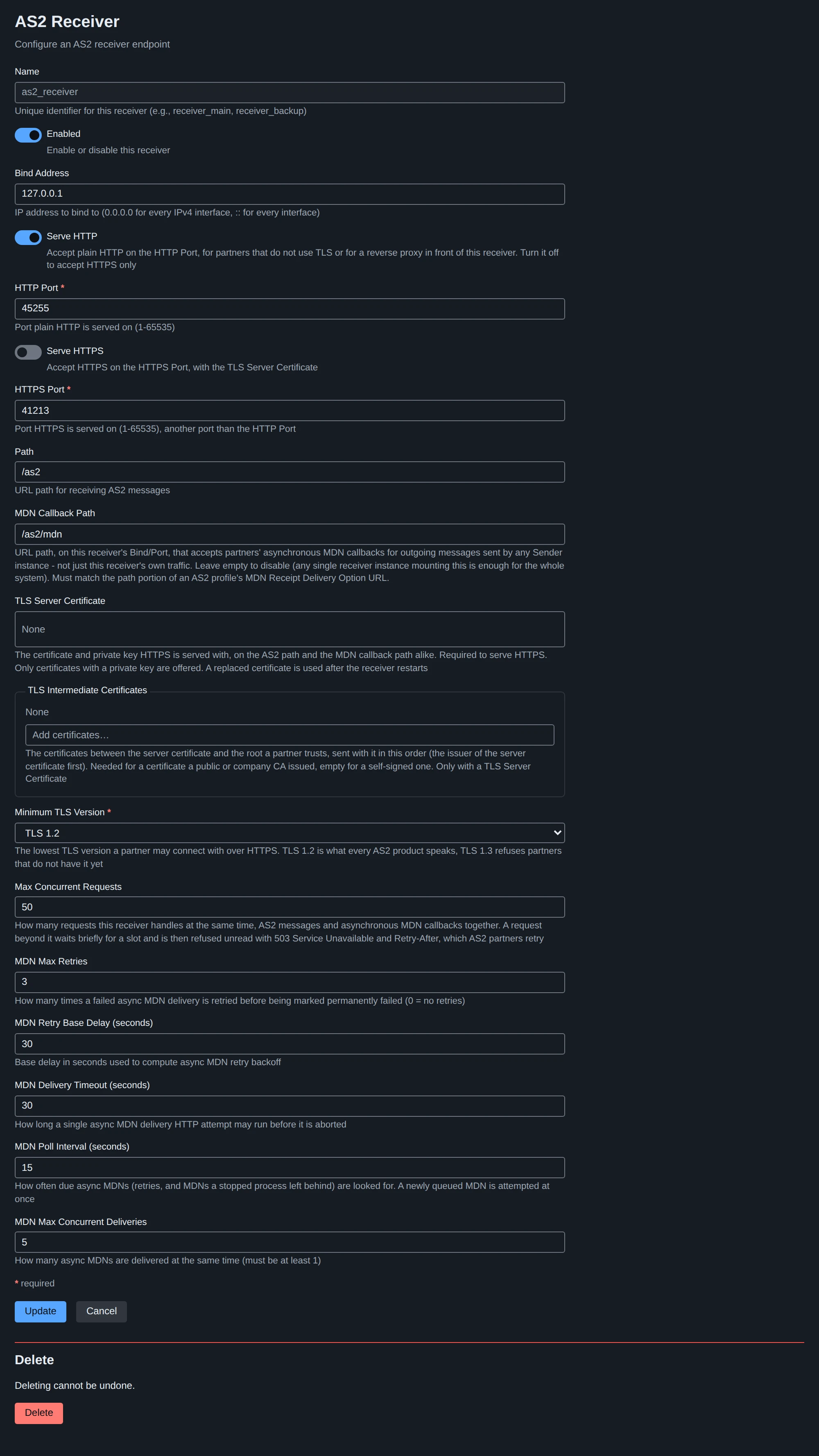 An AS2 receiver’s settings
