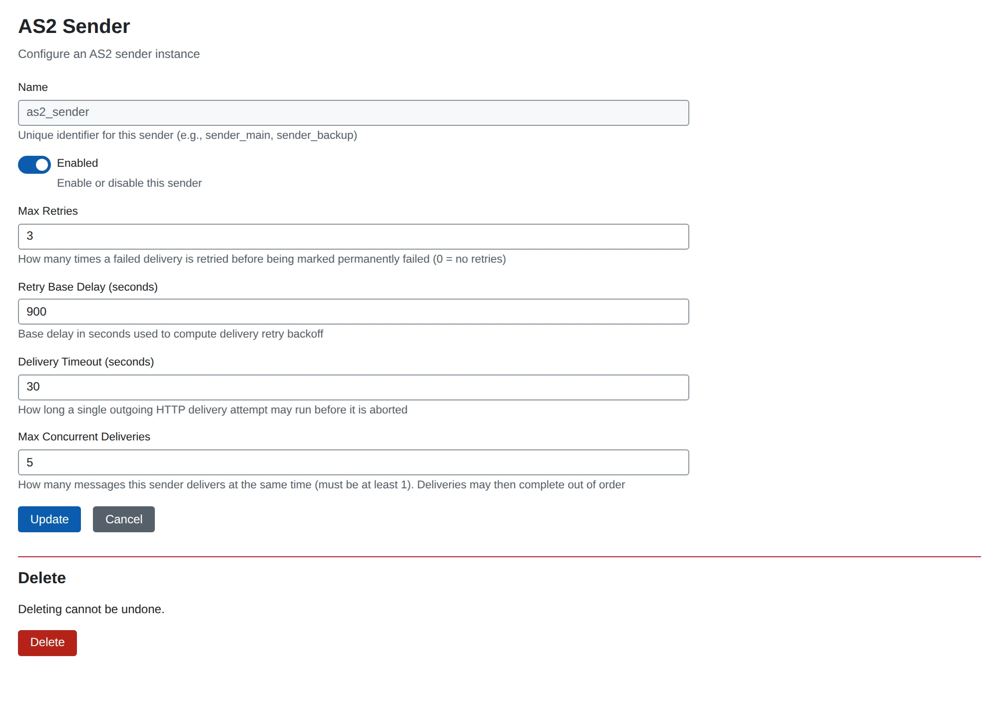 An AS2 sender’s settings