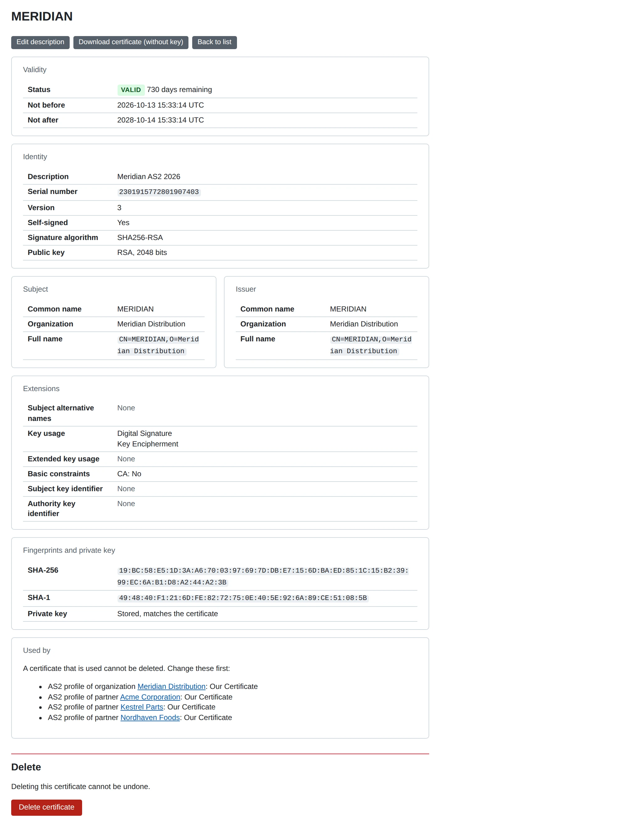 A certificate’s page: its details, its key and the records that use it