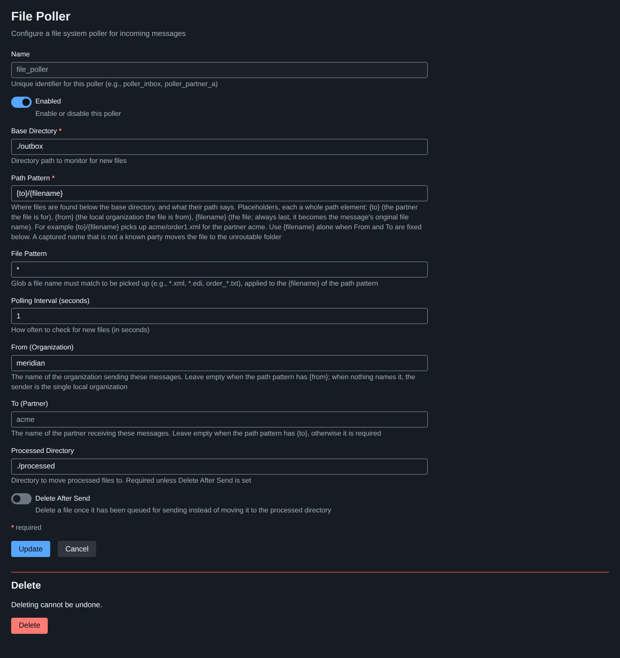 A file poller’s settings