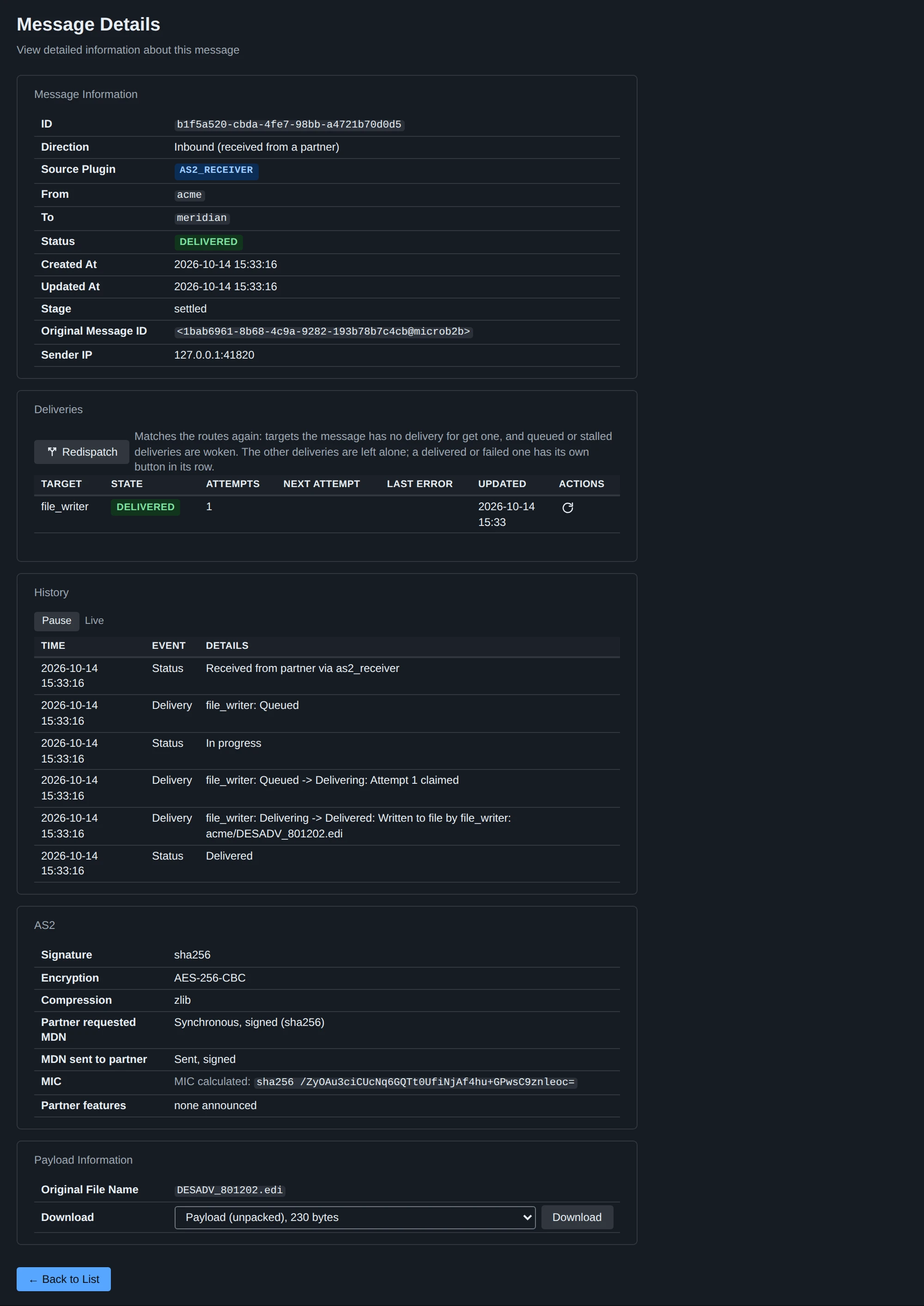 An incoming AS2 message: its deliveries, its history and how it was protected