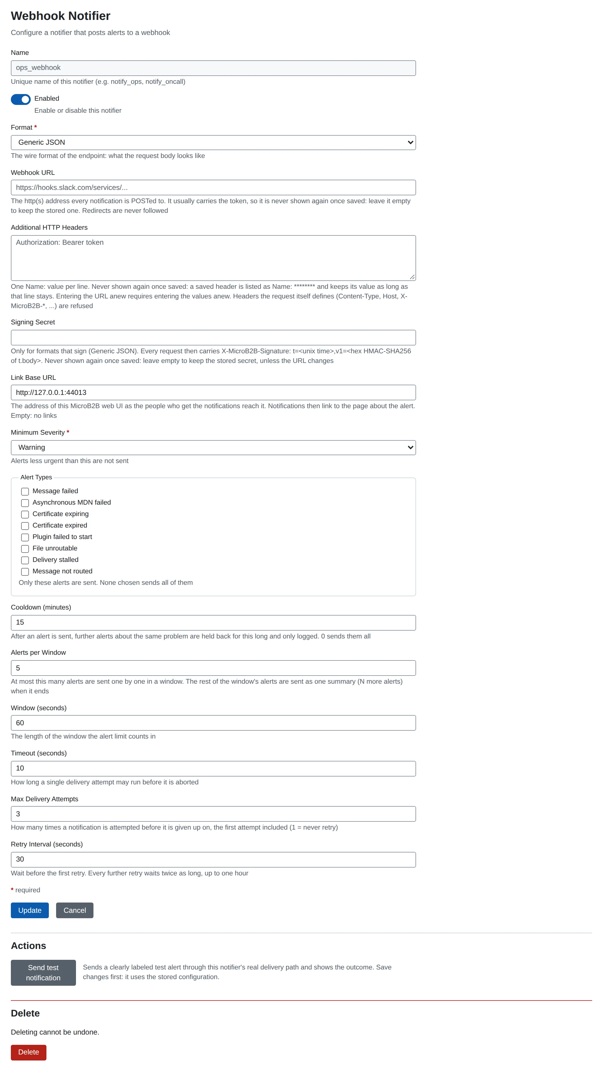 A webhook notifier’s settings