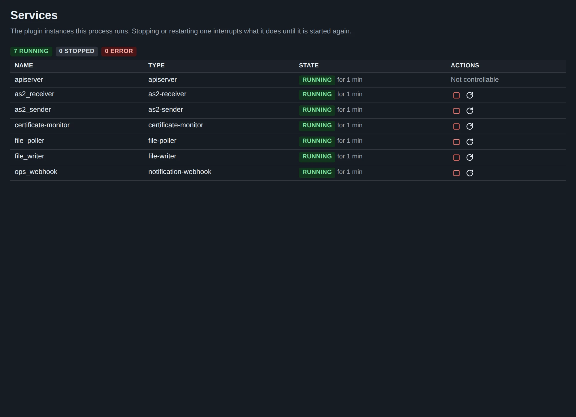 System > Services: start, stop and restart plugin instances