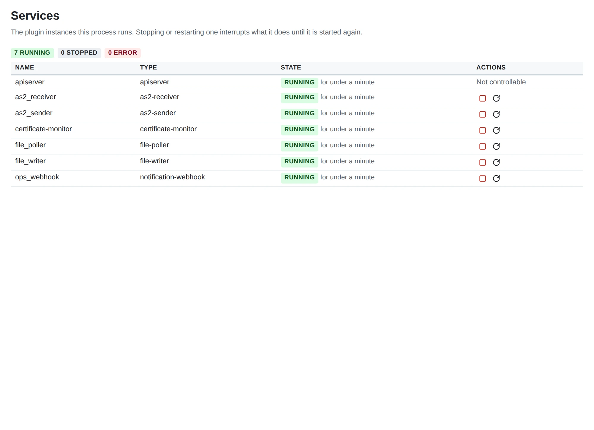 System > Services: start, stop and restart plugin instances
